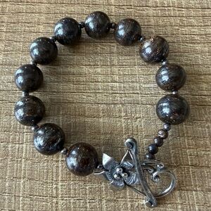 Silpada Sterling Silver and Brown Beaded Bracelet with Floral Toggle Clasp